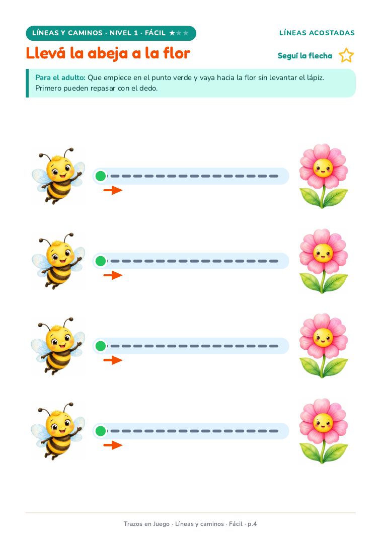 Página real · Líneas · Fácil: la abeja vuela a la flor