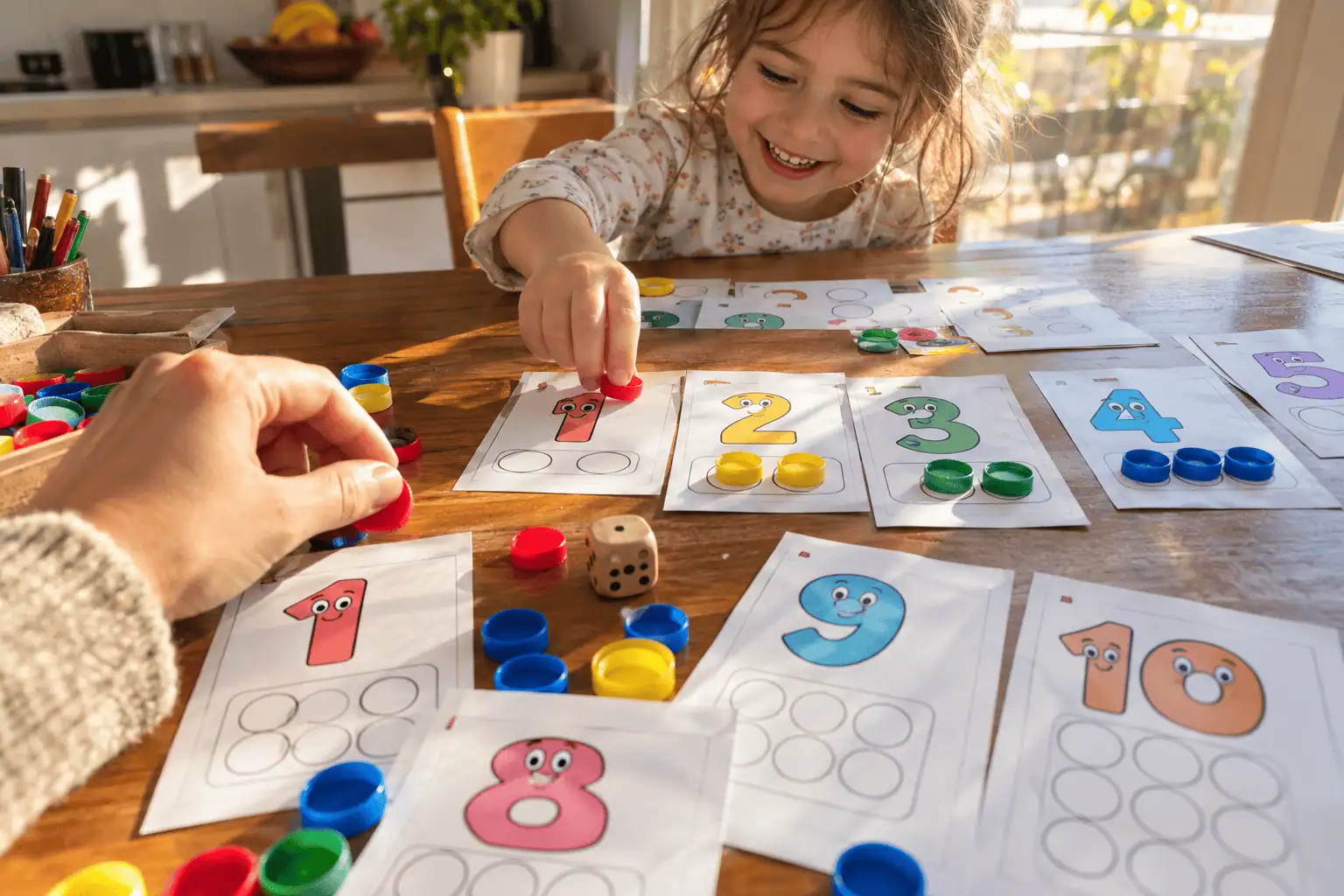 POV: jugando con fichas numéricas, dados y tapitas — pack Números en Juego $5.990