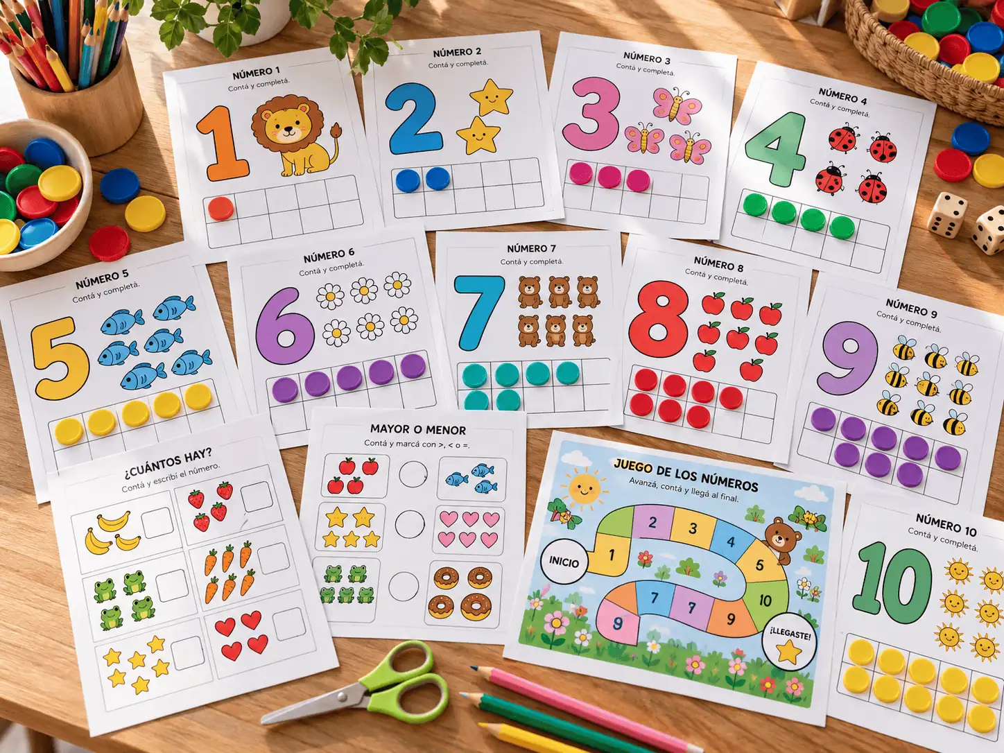 Páginas del pack Números en Juego impresas sobre la mesa con tijeras, lápices de colores y dados