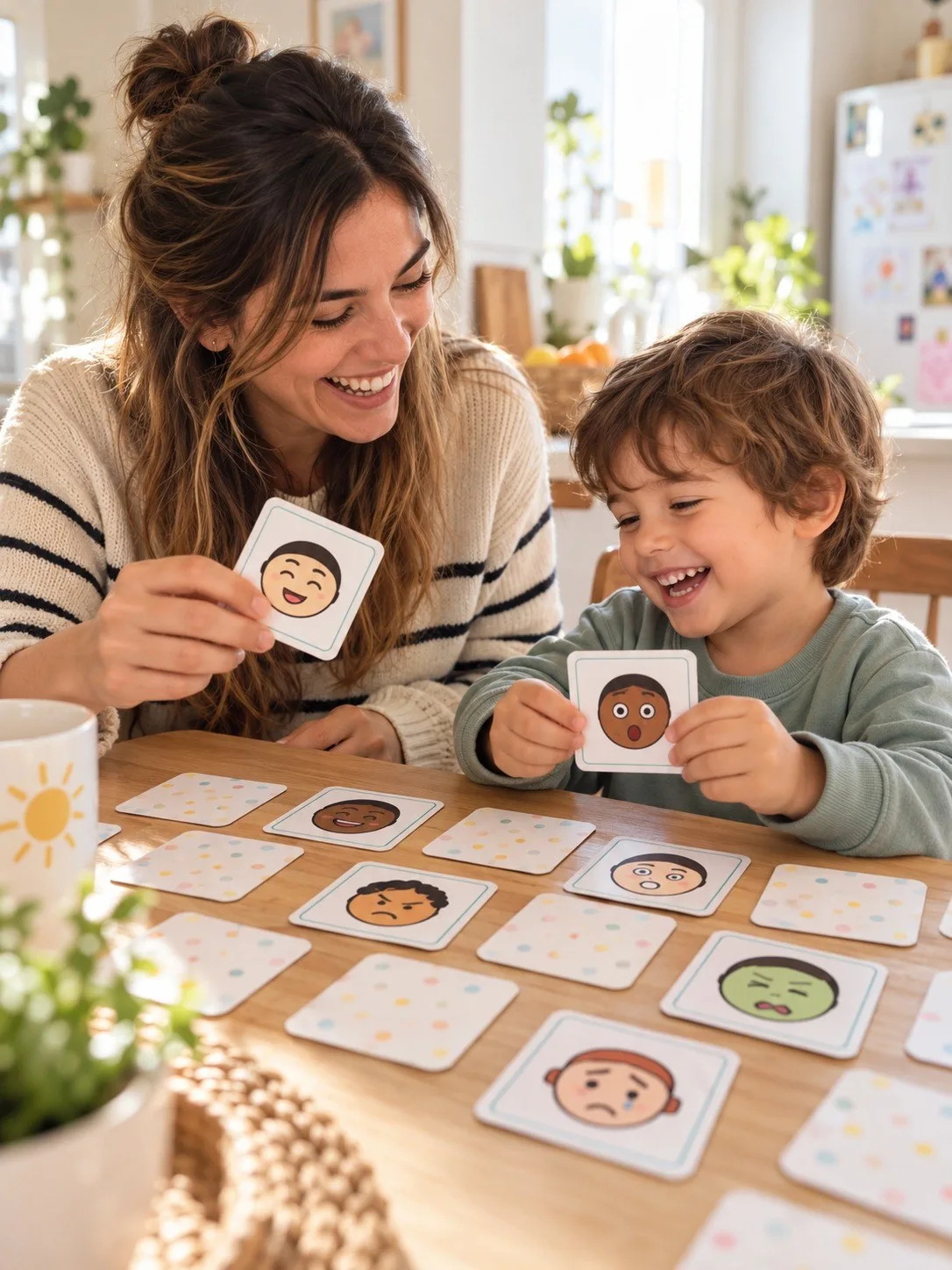 Mamá e hijo jugando a la memoria de emociones