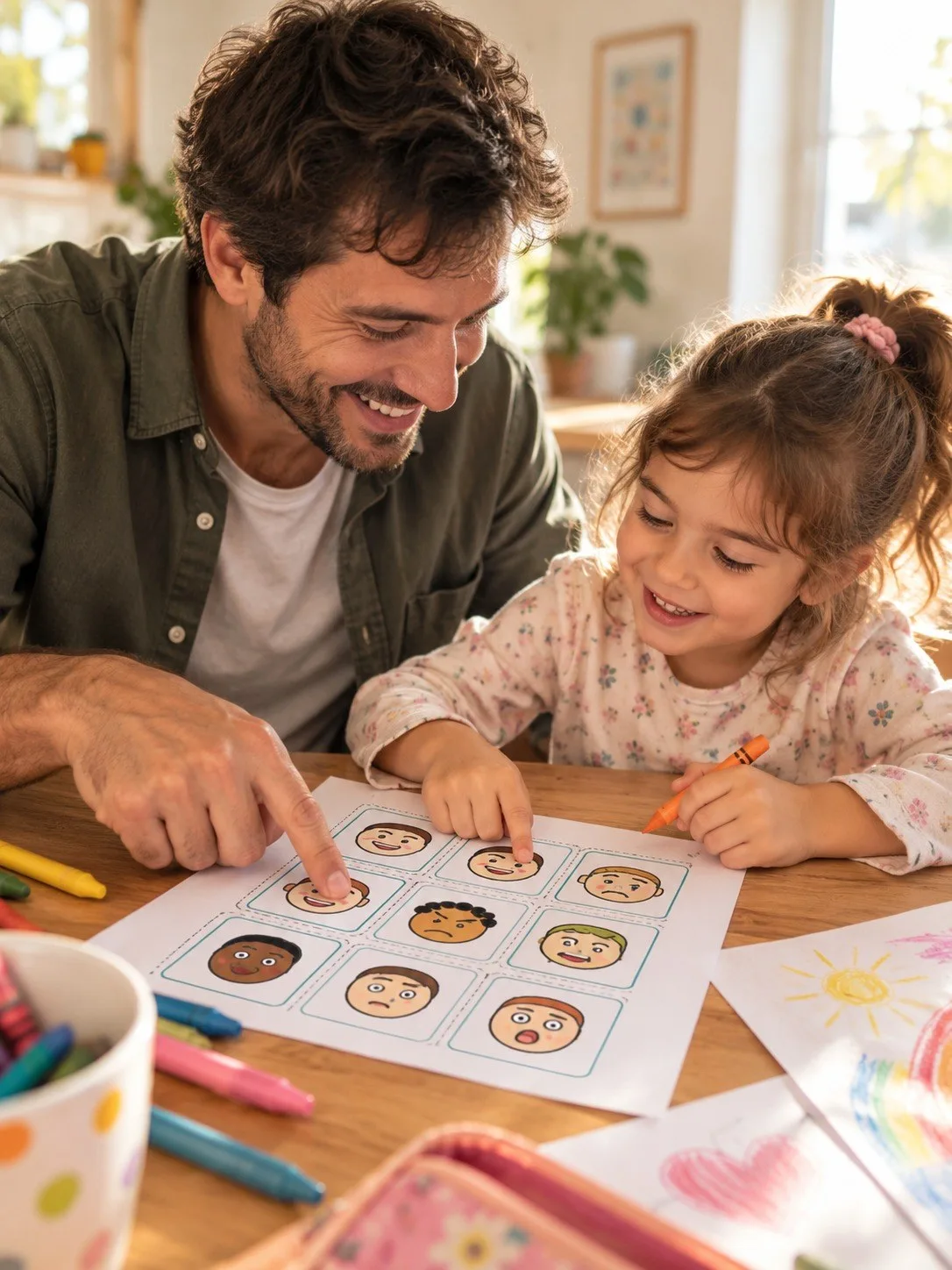 Papá e hija jugando con una hoja de caritas