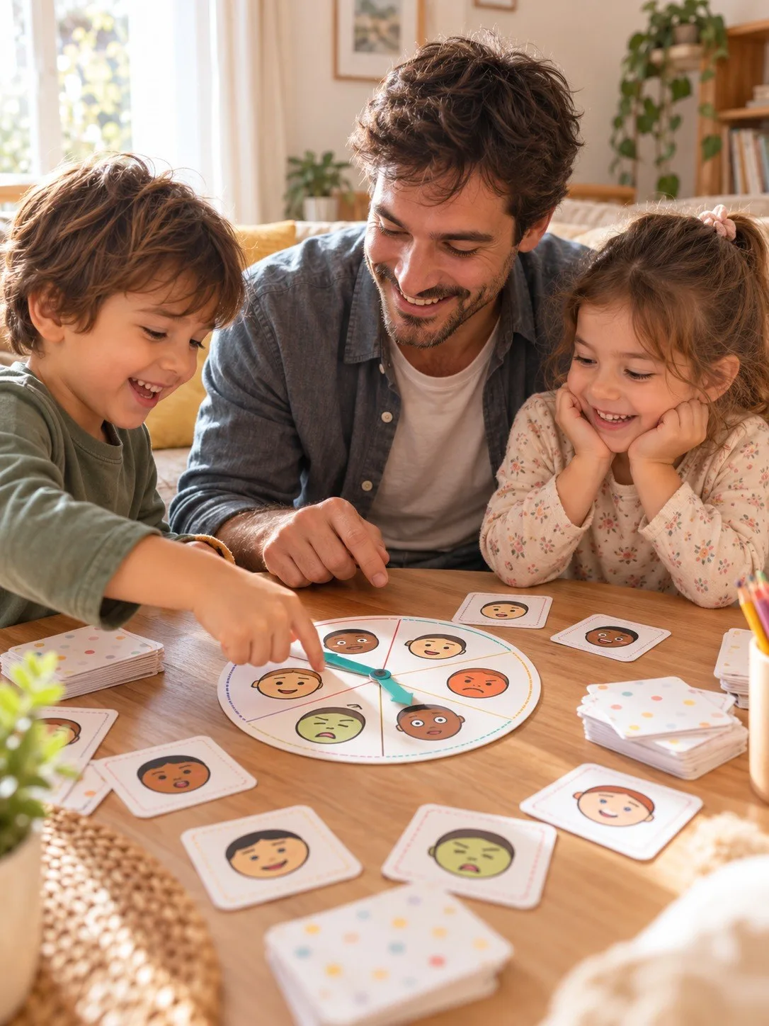 Familia jugando a la ruleta de las emociones