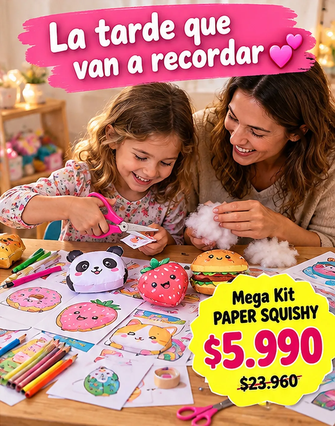 Mamá e hija armando paper squishies juntas en la mesa