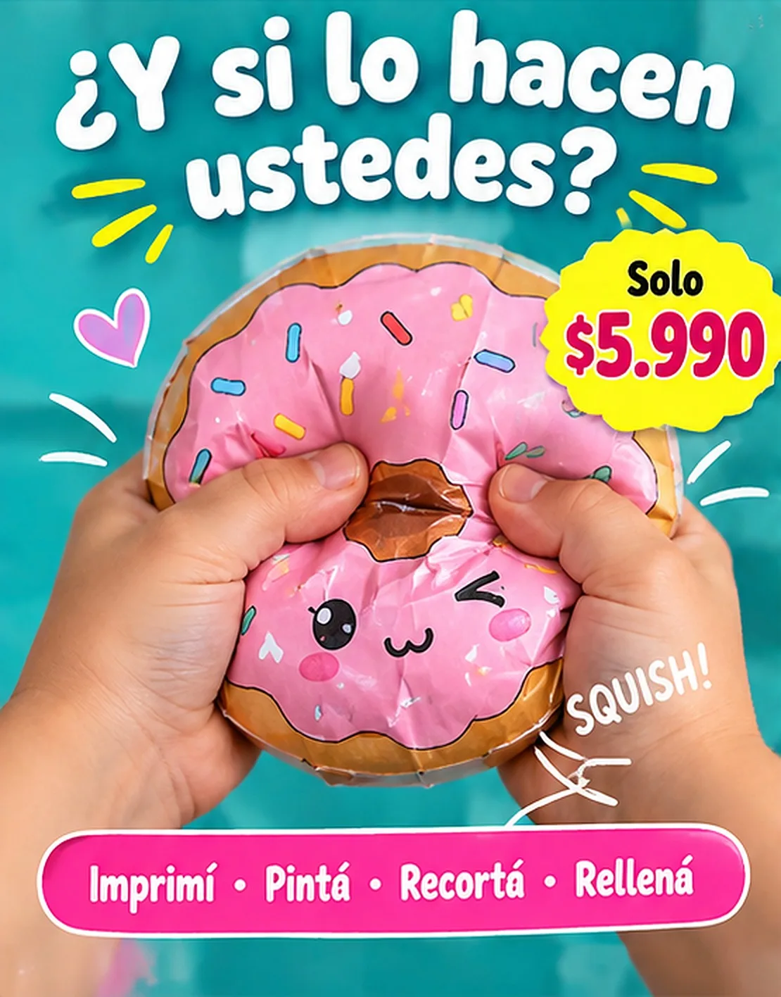 Manos apretando un paper squishy de donut rosa