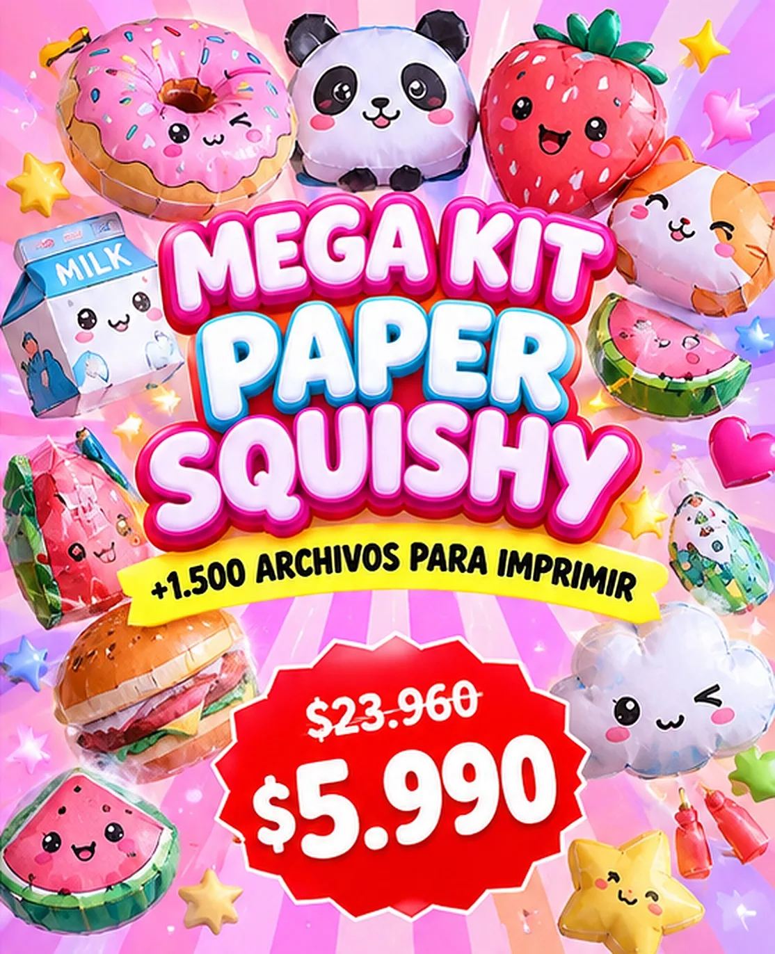Mega Kit Paper Squishy: donut, panda, frutilla, hamburguesa, gatito, leche y sandía kawaii