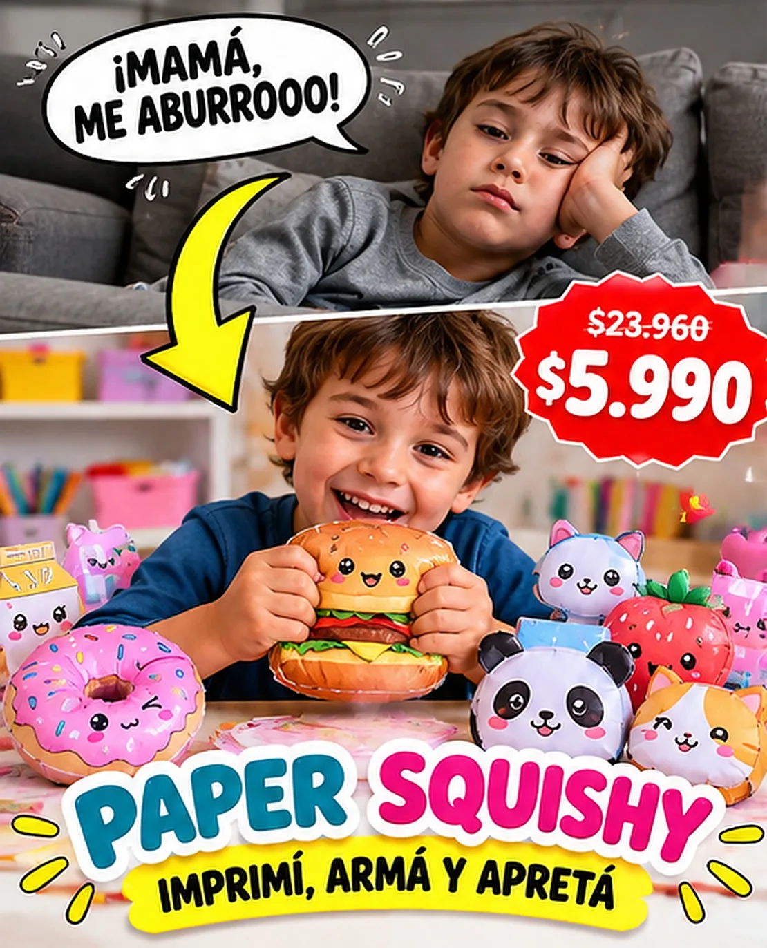 Nene aburrido dice ¡Mamá, me aburrooo! y después aprieta feliz su paper squishy de hamburguesa