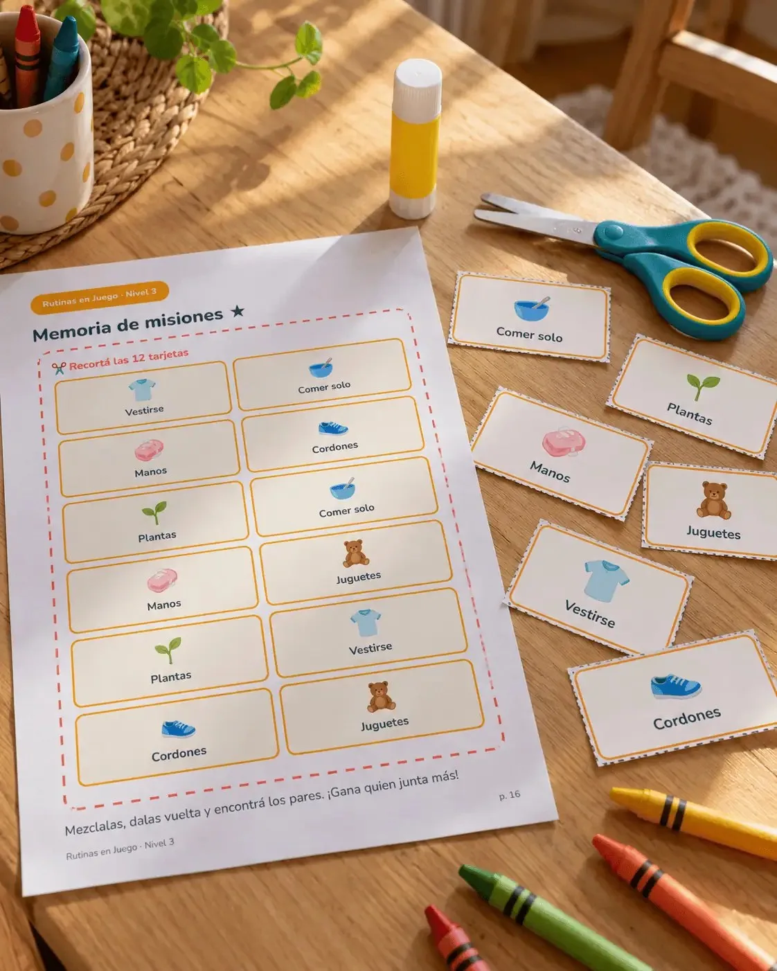 Memoria de misiones impresa con las tarjetas recortadas
