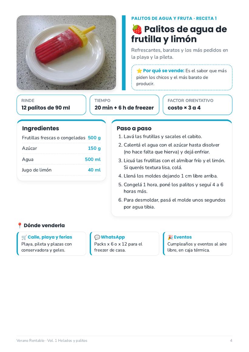 Página real de una receta del Vol. 1: palitos de agua de frutilla y limón