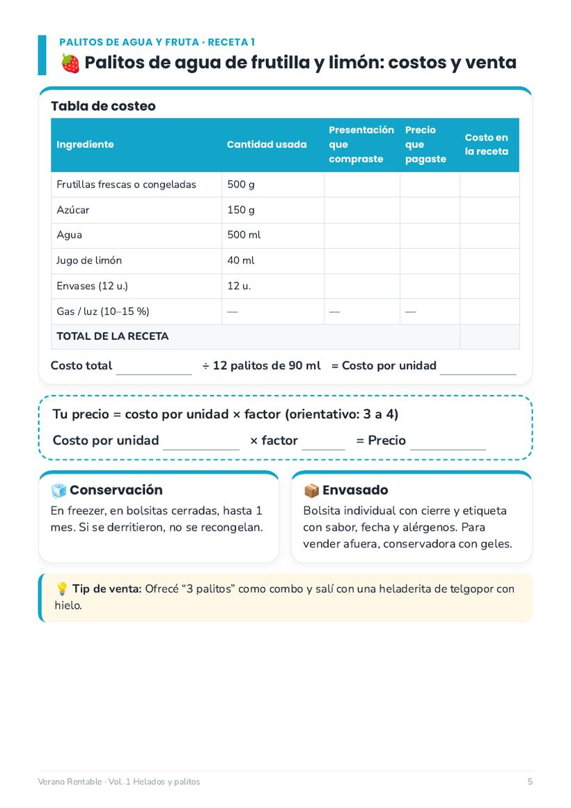 Segunda página de cada receta: tabla de costeo con la columna de precio en blanco.