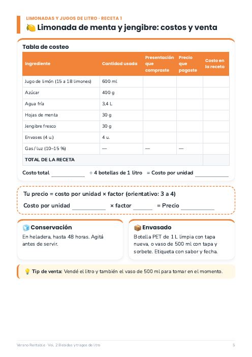 Vol. 2: costos, conservación y envasado de la limonada.